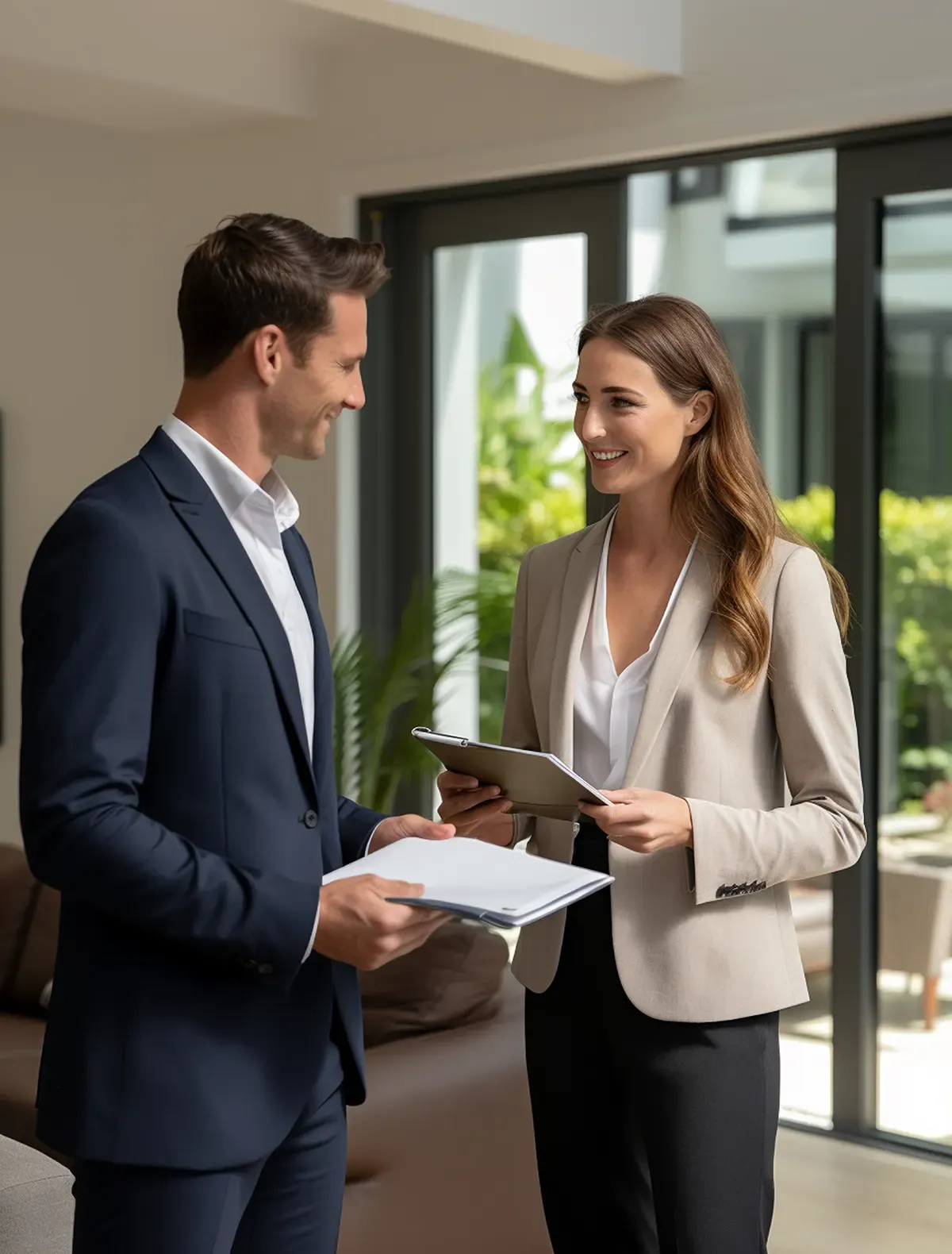 Käuferin und Berater besprechen Unterlagen zum Immobilienkauf in einem hellen Wohnraum